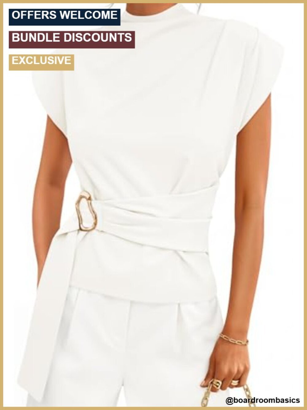 Mock Neck Cap Sleeve Blouse with Waist Belt, Fitted Silhouette, Back Zip,